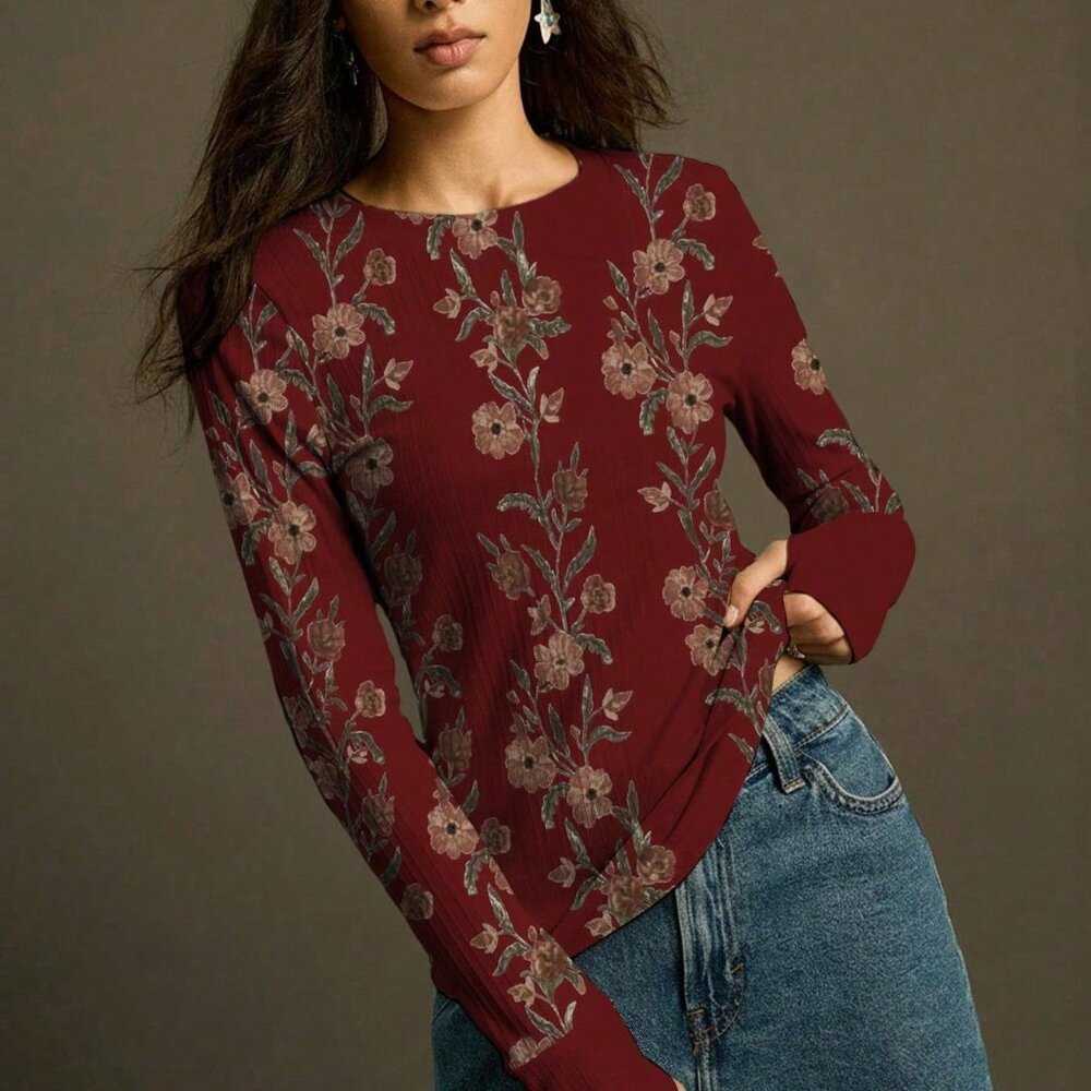 Burgundy Casual Women's Soft Floral Long Sleeve T-Shirt - Picture 6 of 6